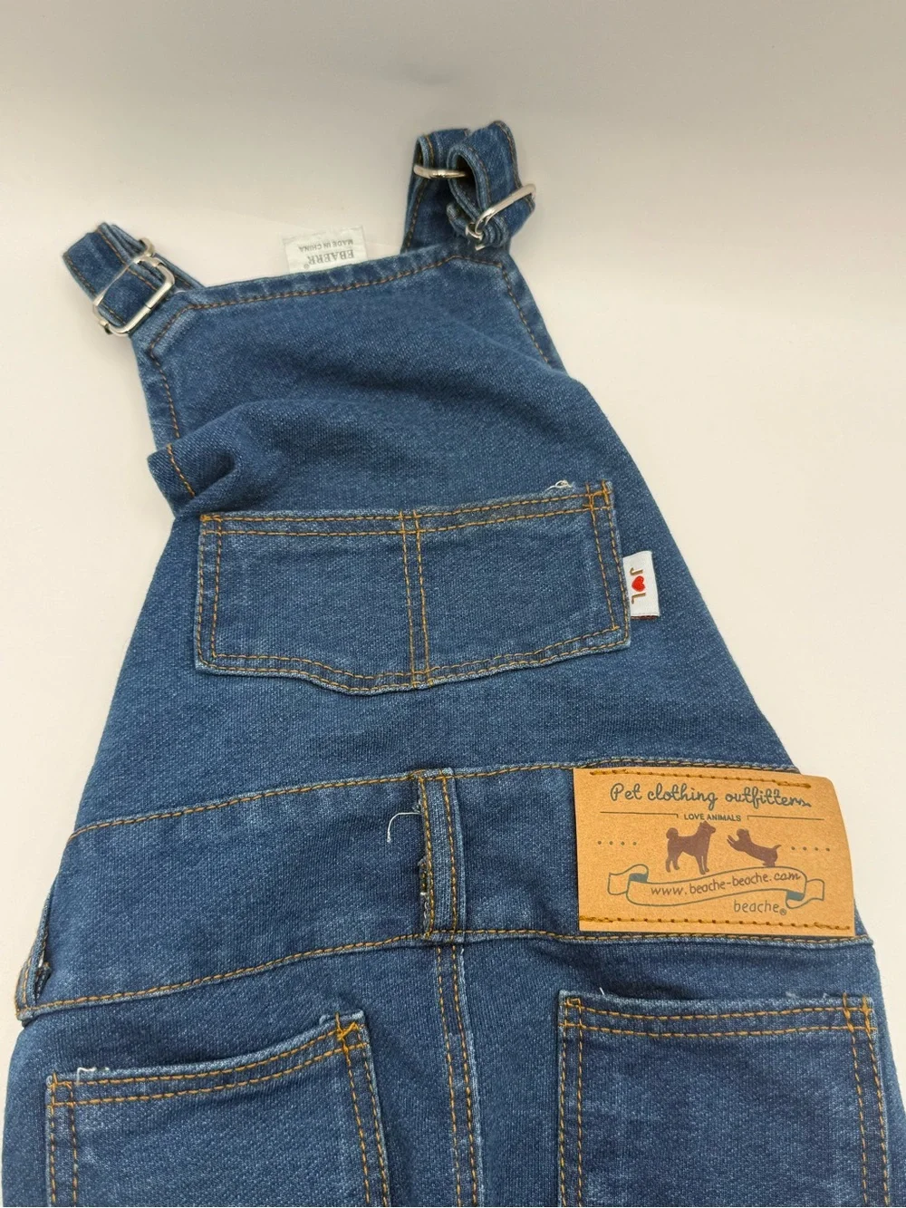 Beachee Denim Pet Overalls with Patch Detail - Blue